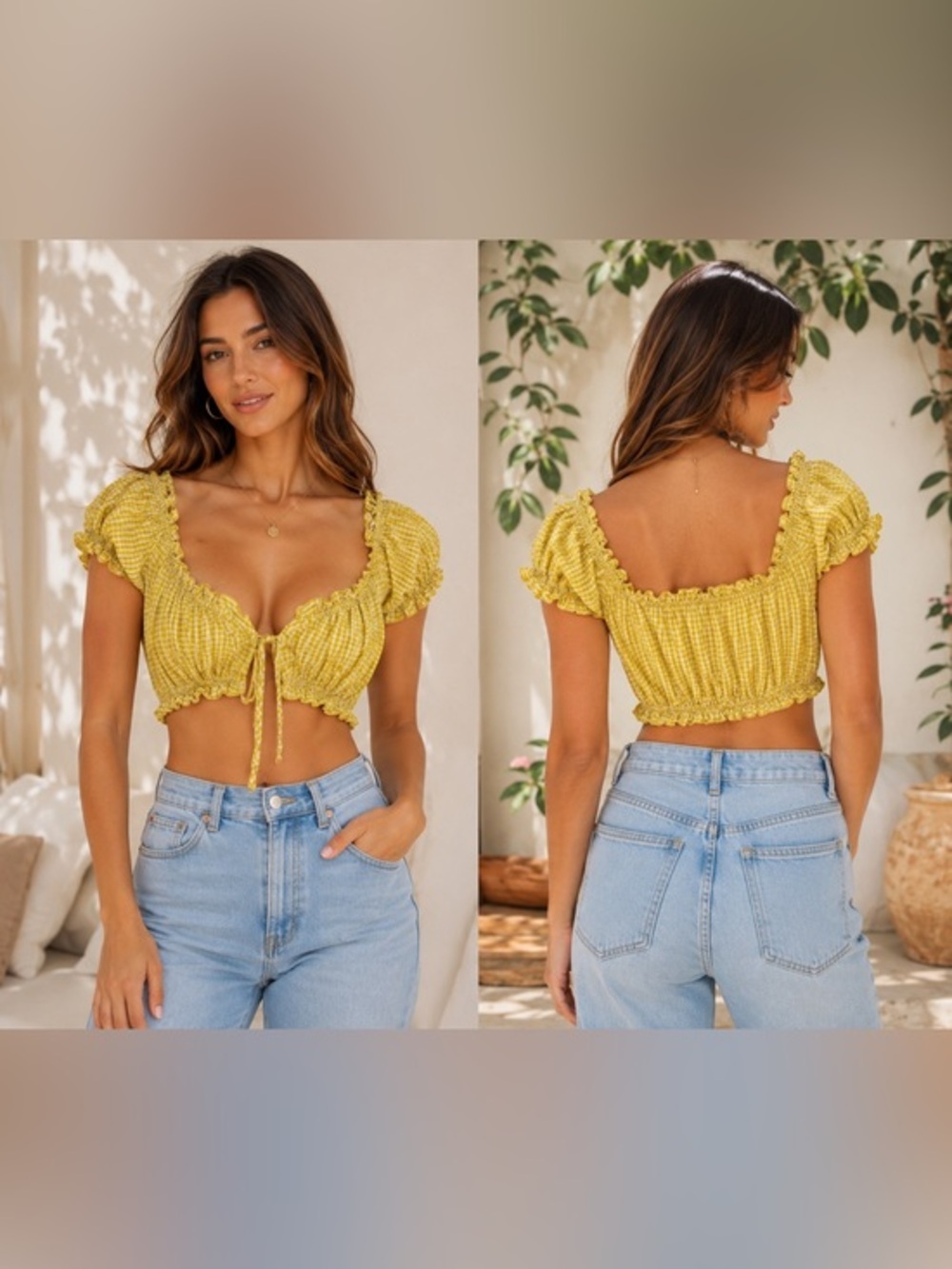 PrettyLittleThing Yellow Gingham Ruffled Milkmaid Crop Top - Size US 2 / UK 6